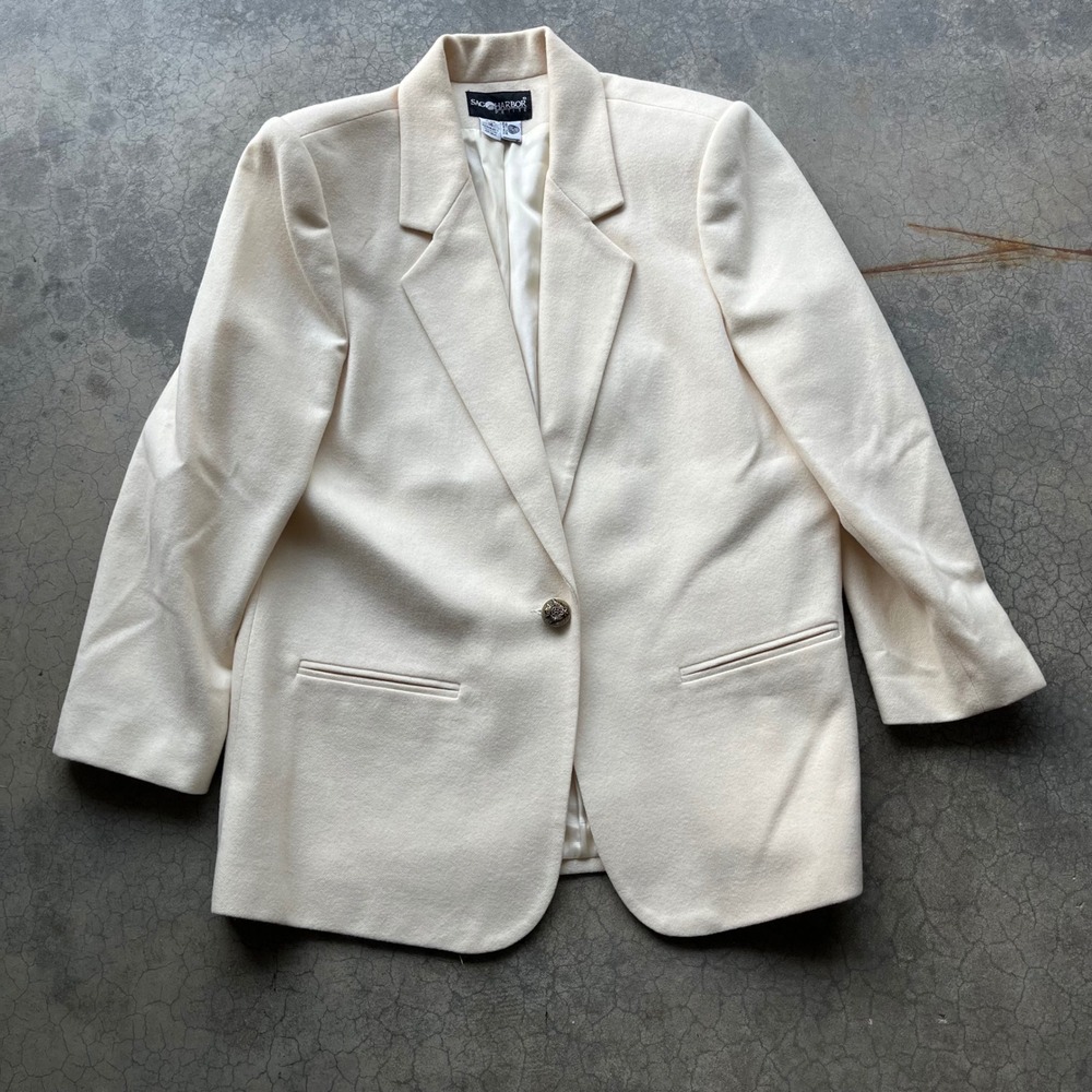 Sag Harbor Petite Cream 100% Wool Blazer Jacket Size 14 Vintage Crest Button